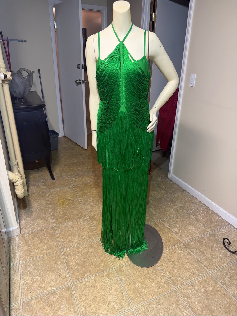 Fashion Nova Green Fringe Halter Maxi Dress